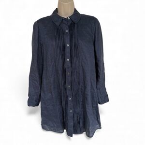 Jill 100% Linen Pintuck Tunic Blouse medium Blue Petite Small lagenlook